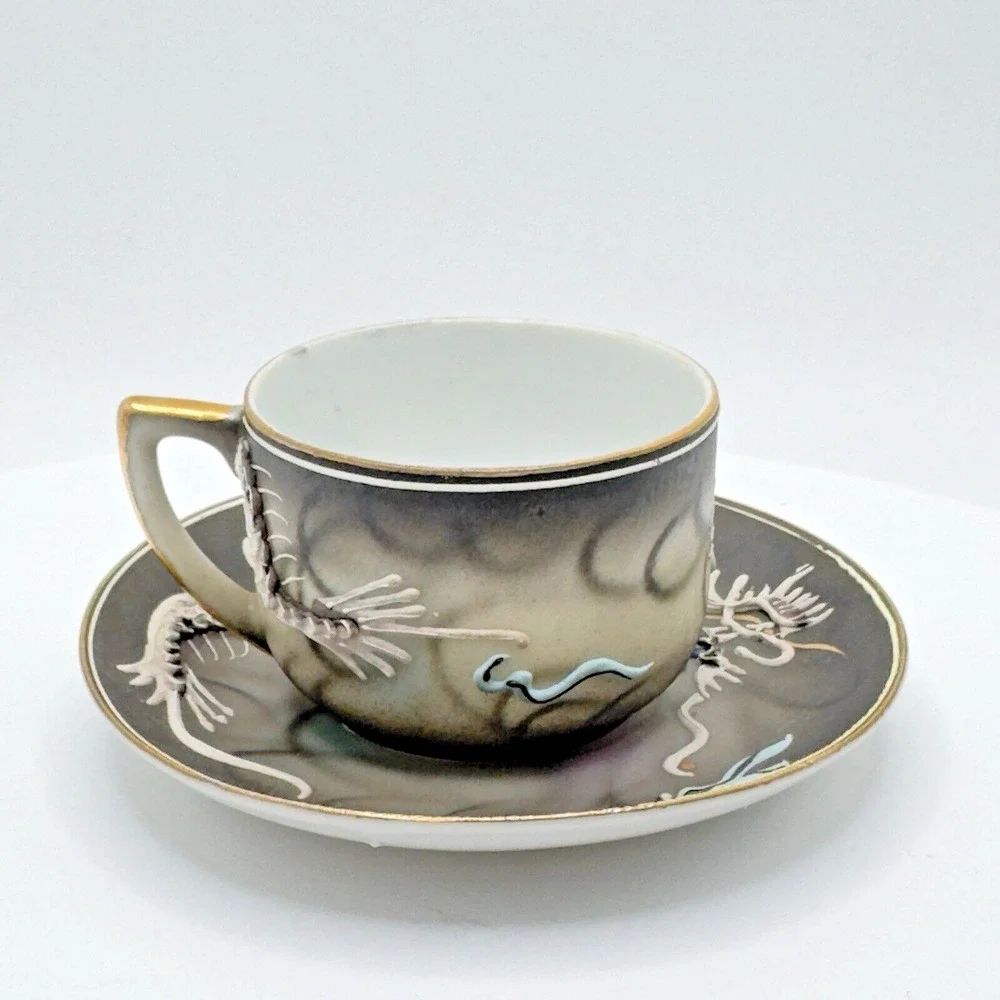 Vintage Geisha Lithophane Dragonware Small Teacup & Saucer Moriage Black Japan